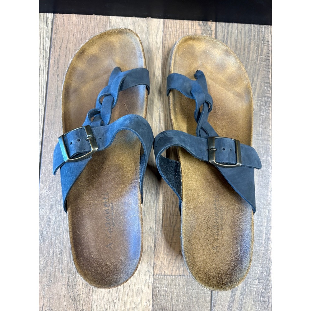 A Giannetti Womens Navy Blue Leather Braided Wedge Thong Sandals Made in Italy 8